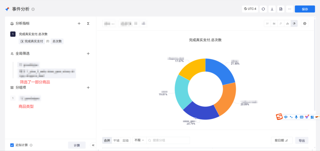 事件分析：筛选部分商品、按商品类型分组查看支付次数占比